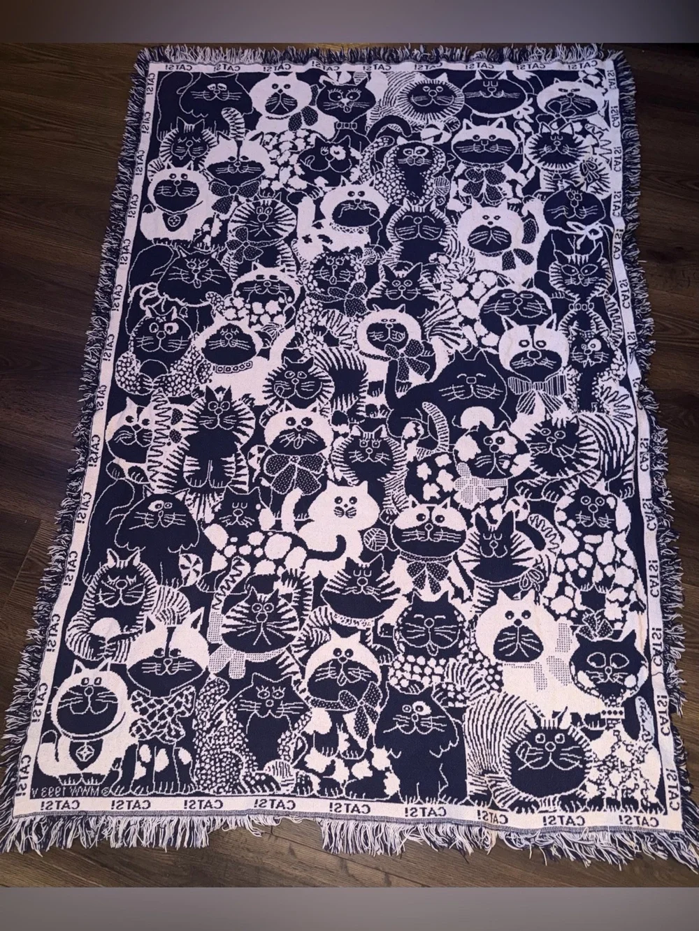 Vintage 1993 MWW Cats! Fringed Tapestry Theow Blanket Multi Cat Cartoon Art